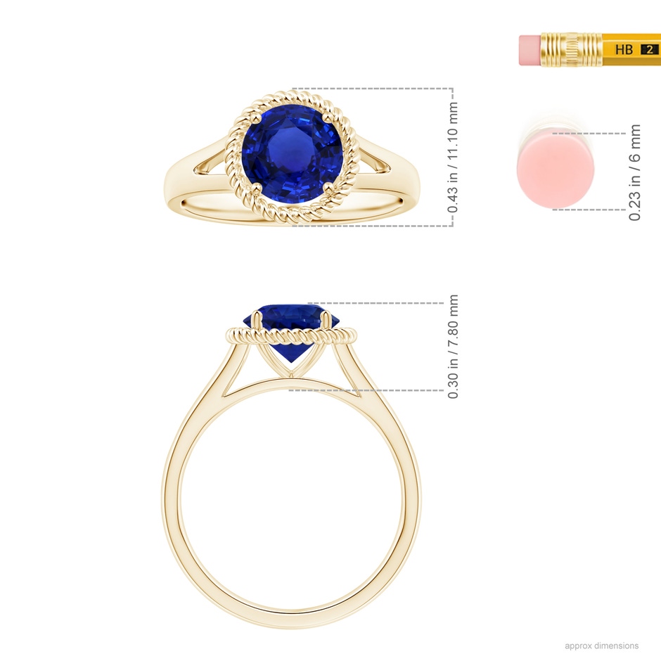 7.87x7.87x4.57mm AAAA GIA Certified Round Blue Sapphire Halo Ring with Split Shank in Yellow Gold ruler