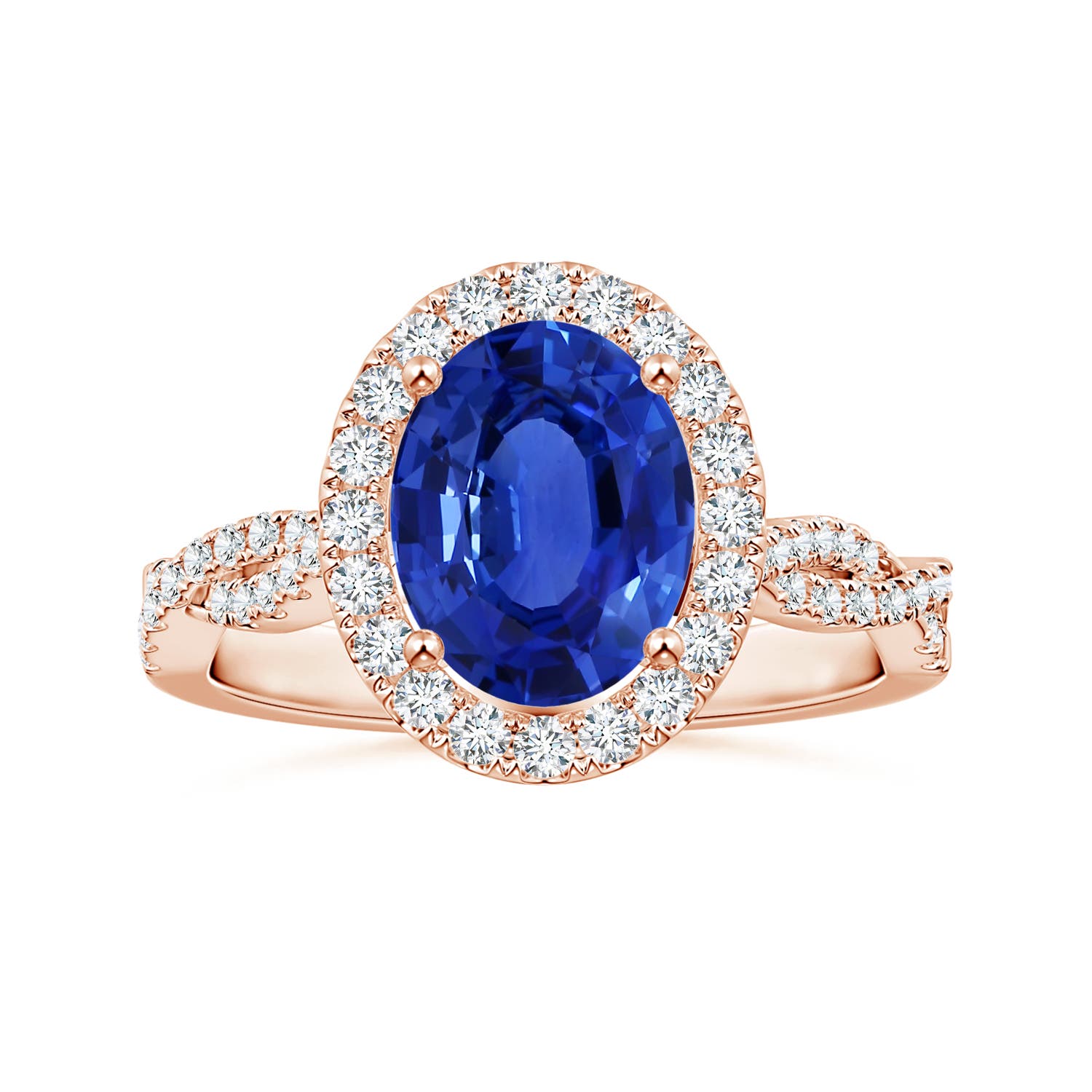 9.88x7.91x4.95mm AAA GIA Certified Oval Sapphire Halo Twisted Shank Ring with Diamonds in 18CT Rose Gold