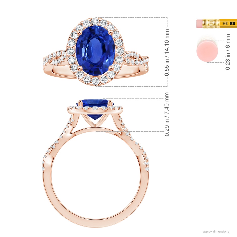 9.88x7.91x4.95mm AAA GIA Certified Oval Sapphire Halo Twisted Shank Ring with Diamonds in 18K Rose Gold ruler