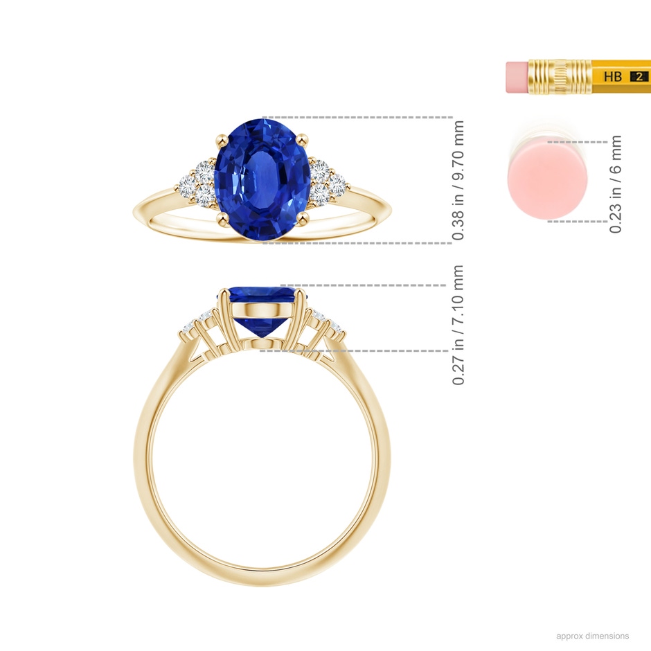 9.88x7.91x4.95mm AAA GIA Certified Oval Sapphire Knife-Edged Shank Ring with Diamonds in Yellow Gold ruler