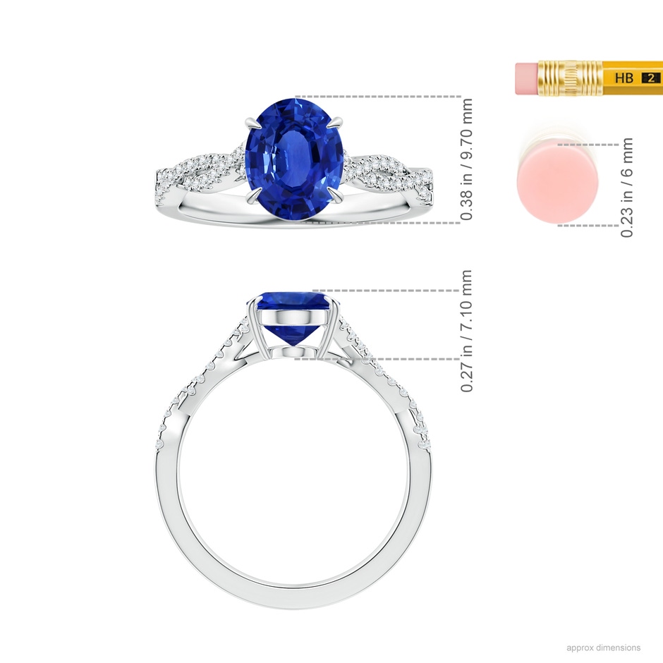 9.88x7.91x4.95mm AAA GIA Certified Claw-Set Oval Sapphire Twisted Shank Ring with Diamonds in White Gold ruler