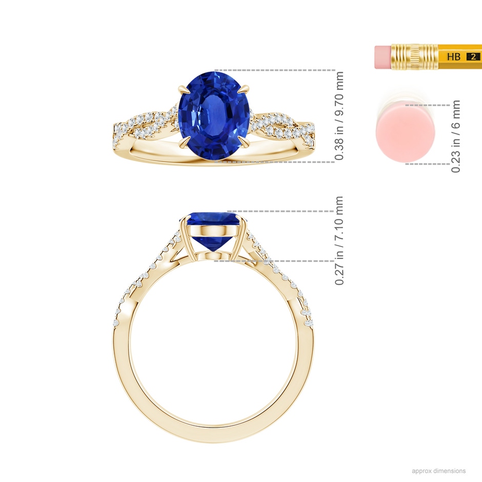 9.88x7.91x4.95mm AAA GIA Certified Claw-Set Oval Sapphire Twisted Shank Ring with Diamonds in Yellow Gold ruler