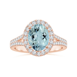 9.91x7.81x5.24mm AA GIA Certified Oval Aquamarine Split Shank Halo Ring in 18K Rose Gold