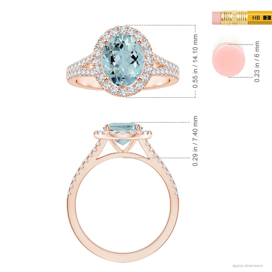 9.91x7.81x5.24mm AA GIA Certified Oval Aquamarine Split Shank Halo Ring in 18K Rose Gold ruler