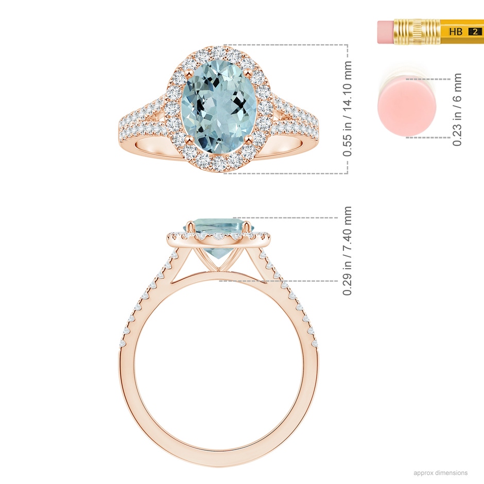9.91x7.81x5.24mm AA GIA Certified Oval Aquamarine Split Shank Halo Ring in 9K Rose Gold ruler