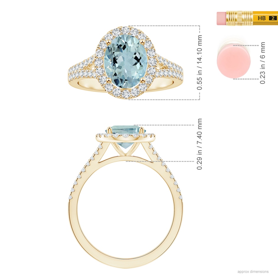 9.91x7.81x5.24mm AA GIA Certified Oval Aquamarine Split Shank Halo Ring in Yellow Gold ruler