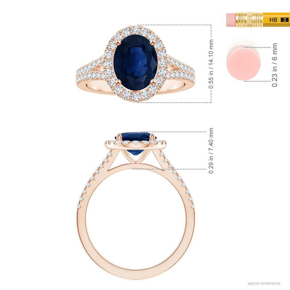 10.45x8.17x4.81mm AA GIA Certified Oval Sapphire Halo Split Shank Ring with Diamonds in Rose Gold ruler