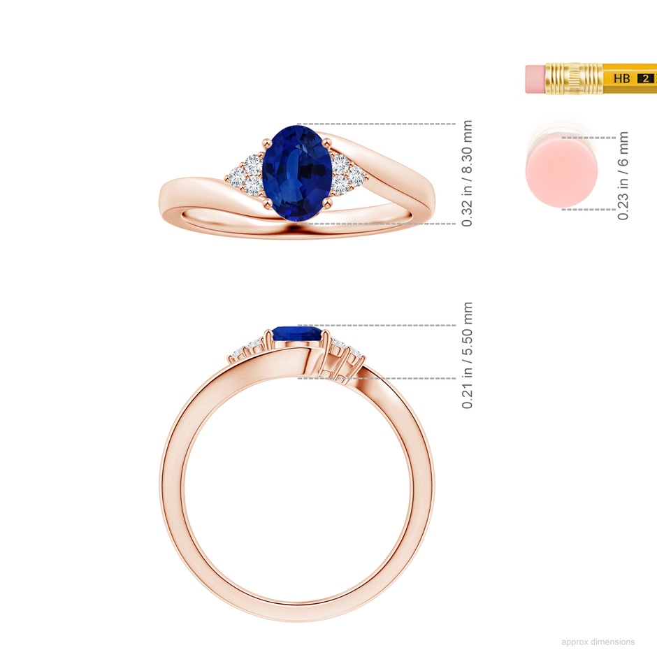7.87x5.85x3.74mm AAAA GIA Certified Oval Blue Sapphire Bypass Ring with Side Diamonds in 18K Rose Gold ruler