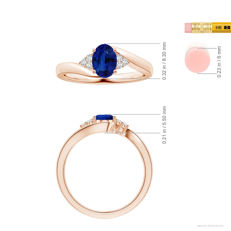 7.87x5.85x3.74mm AAAA GIA Certified Oval Blue Sapphire Bypass Ring with Side Diamonds in Rose Gold ruler