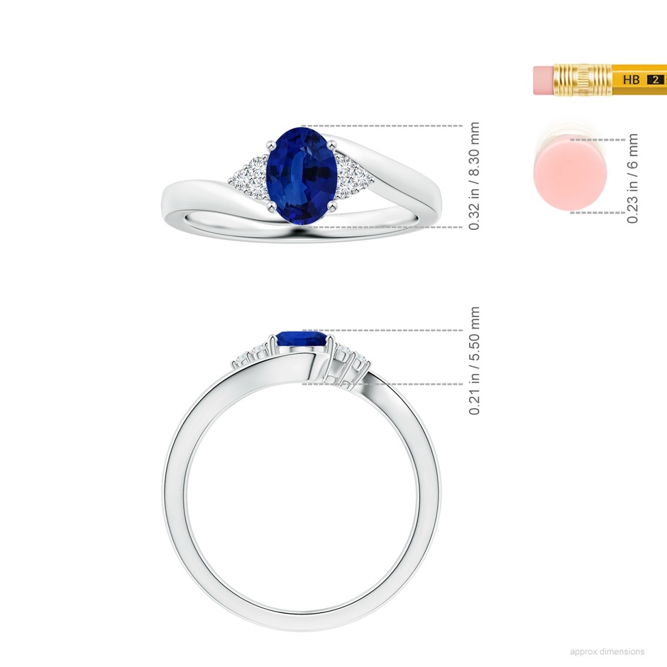 7.87x5.85x3.74mm AAAA GIA Certified Oval Blue Sapphire Bypass Ring with Side Diamonds in White Gold ruler