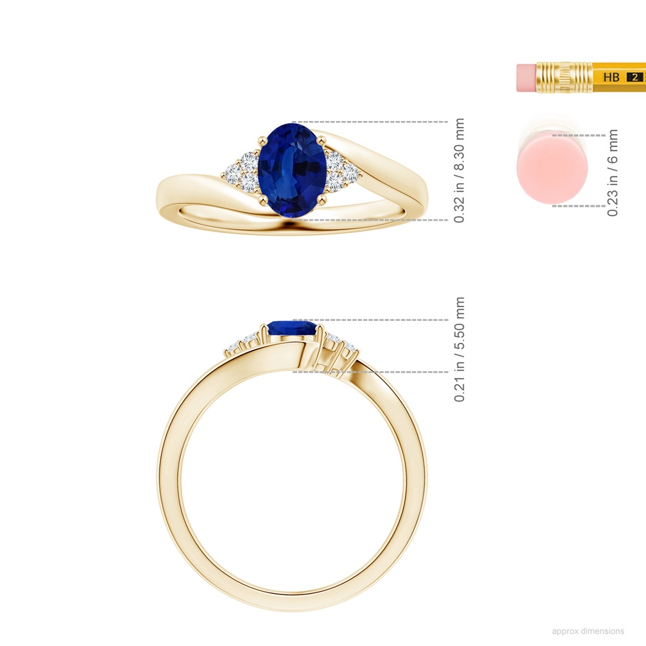 7.87x5.85x3.74mm AAAA GIA Certified Oval Blue Sapphire Bypass Ring with Side Diamonds in Yellow Gold ruler