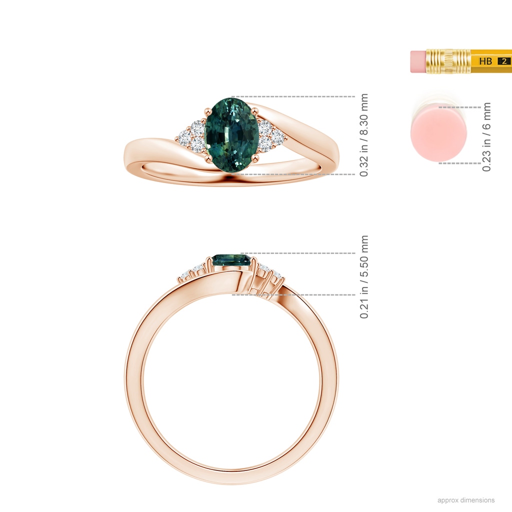 8.31x6.92x4.91mm AAA GIA Certified Oval Teal Sapphire Bypass Ring with Side Diamonds in Rose Gold Ruler