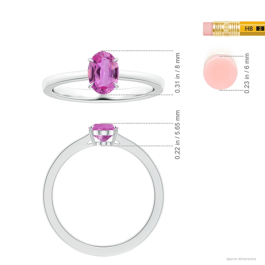 8.19x6.15x2.72mm AAAA Claw-Set Solitaire Oval Pink Sapphire Reverse Tapered Shank Ring in P950 Platinum ruler