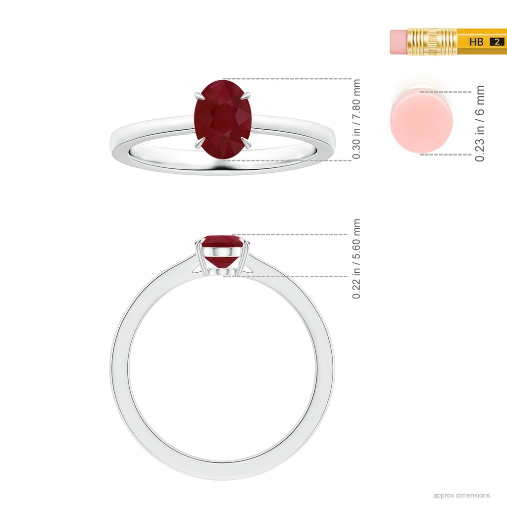 7.86x6.16x4.51mm AA Claw-Set GIA Certified Solitaire Oval Ruby Reverse Tapered Shank Ring  in 18K White Gold Ruler