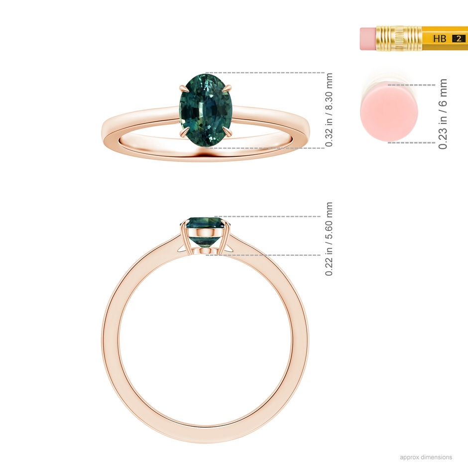 8.31x6.92x4.91mm AAA Claw-Set GIA Certified Solitaire Oval Teal Sapphire Reverse Tapered Shank Ring in Rose Gold ruler