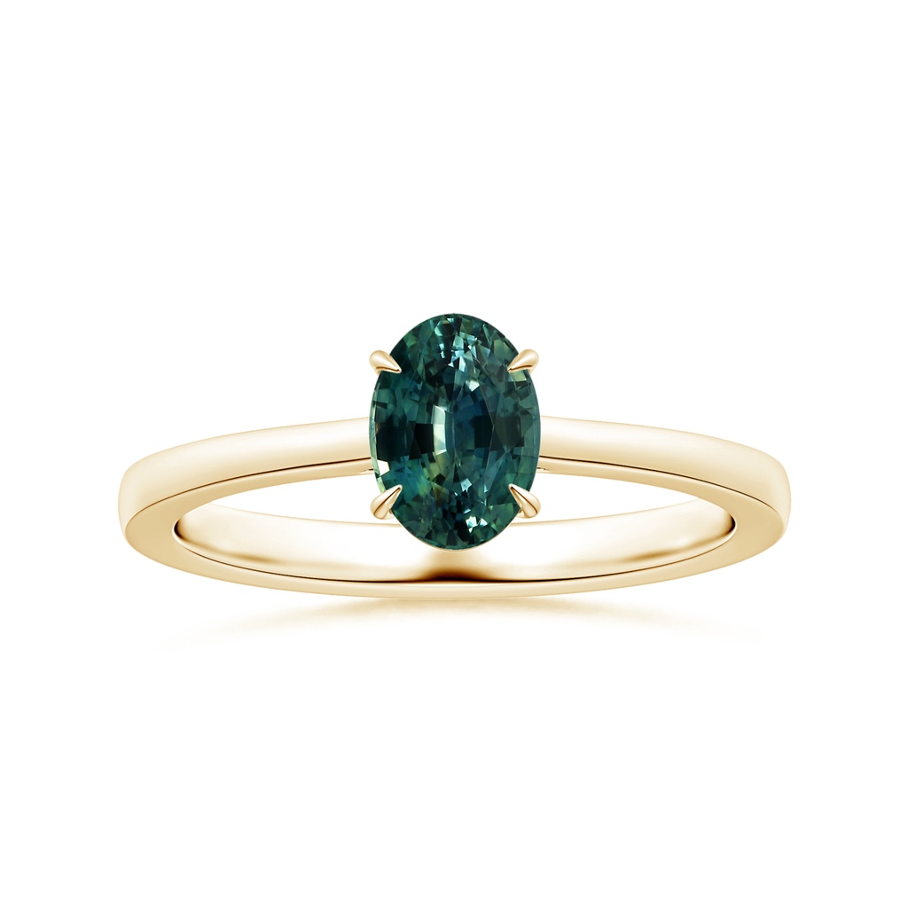 8.31x6.92x4.91mm AAA Claw-Set GIA Certified Solitaire Oval Teal Sapphire Reverse Tapered Shank Ring in Yellow Gold
