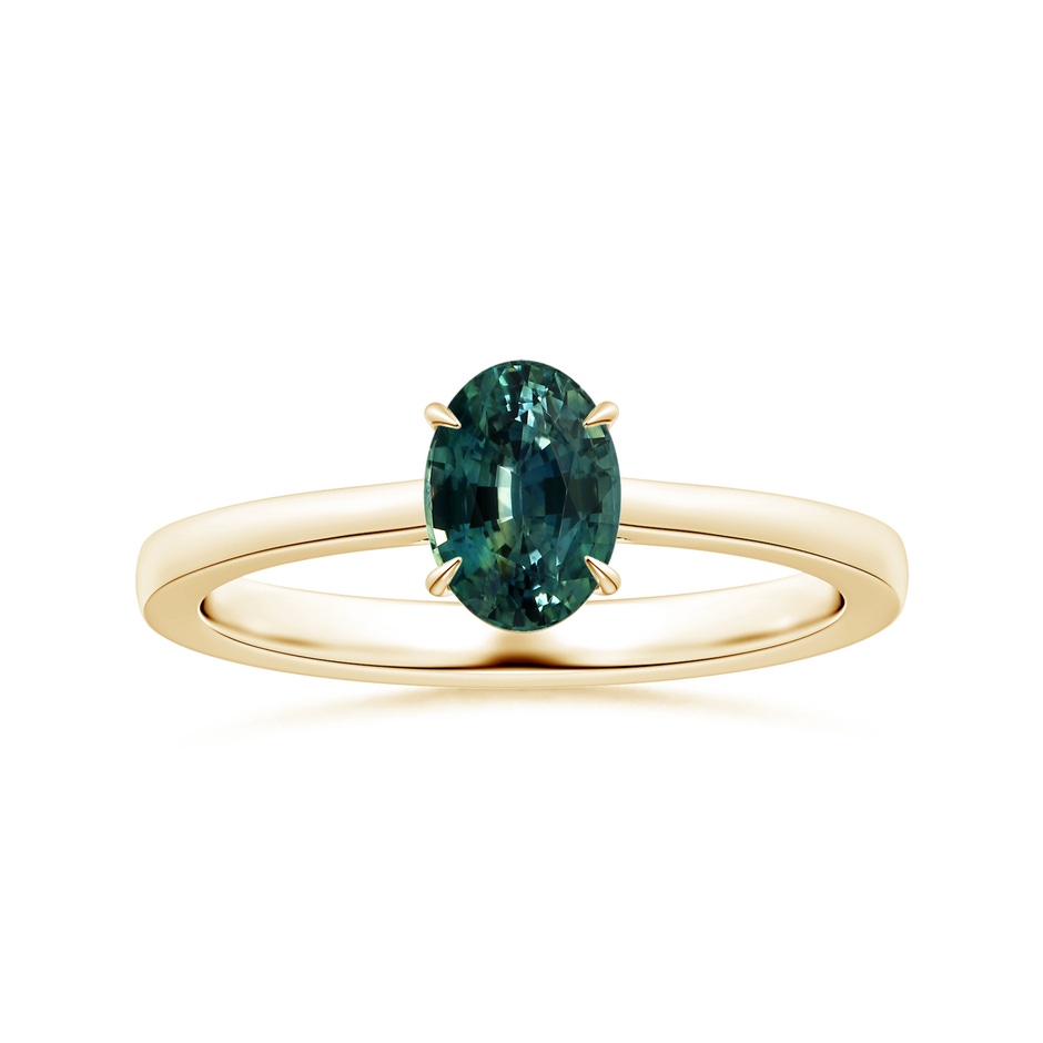 8.31x6.92x4.91mm AAA Claw-Set GIA Certified Solitaire Oval Teal Sapphire Reverse Tapered Shank Ring in Yellow Gold 