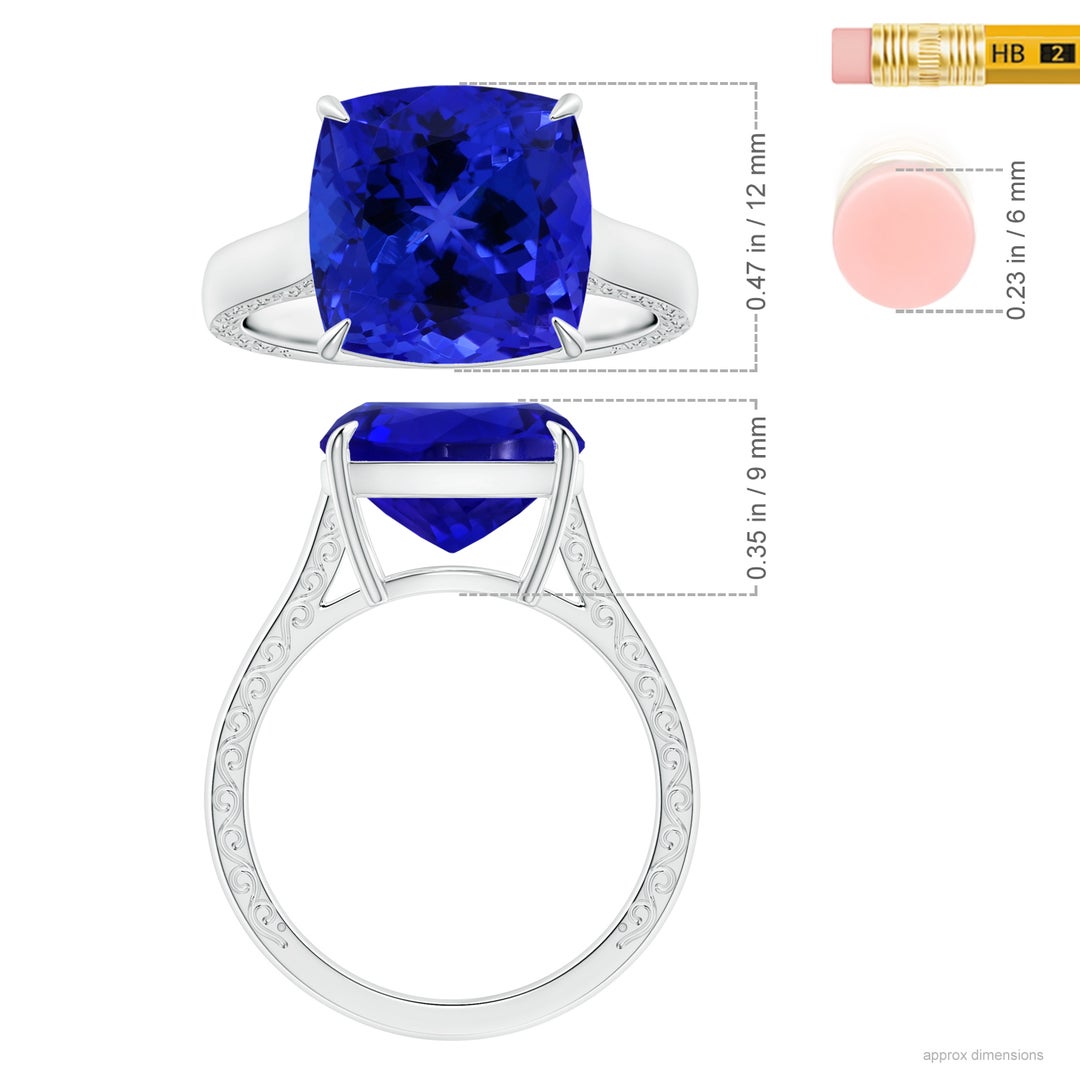 12.05x11.99x9.09mm AAAA Claw-Set GIA Certified Cushion Tanzanite Solitaire Ring with Scrollwork in White Gold - ruler