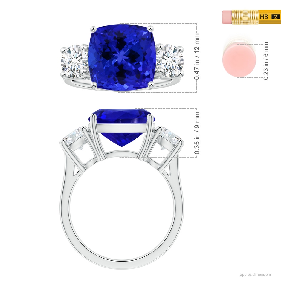 12.05x11.99x9.09mm AAAA GIA Certified Cushion Tanzanite Three Stone Ring with Diamonds in 18K White Gold ruler