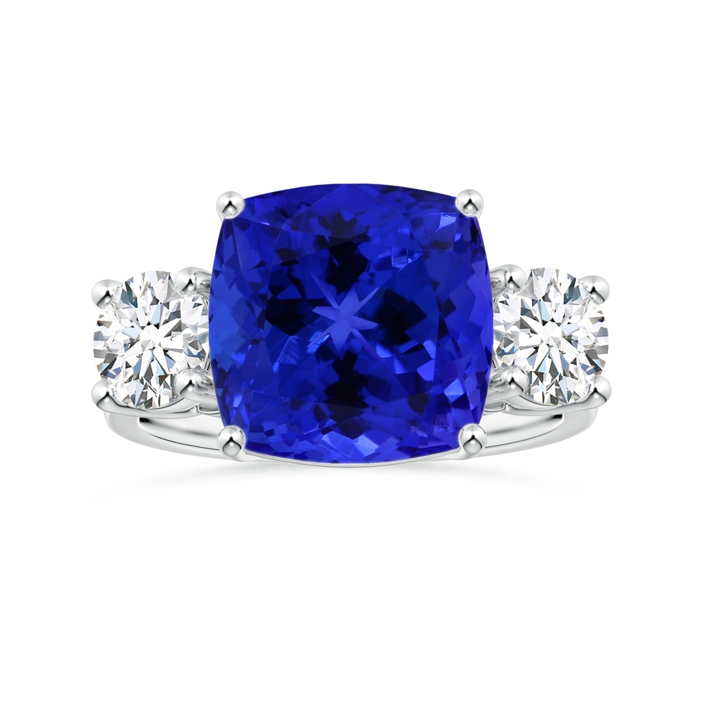 12.05x11.99x9.09mm AAAA GIA Certified Cushion Tanzanite Three Stone Ring with Diamonds in P950 Platinum