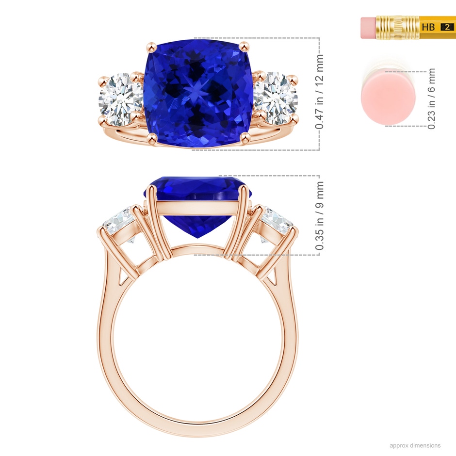 12.05x11.99x9.09mm AAAA GIA Certified Cushion Tanzanite Three Stone Ring with Diamonds in Rose Gold ruler