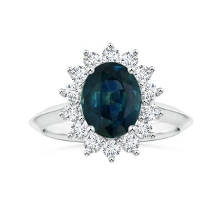 8.92x7.07x6.66mm AAA Princess Diana Inspired Oval Teal Sapphire Knife-Edge Shank Ring with Halo in 18K White Gold