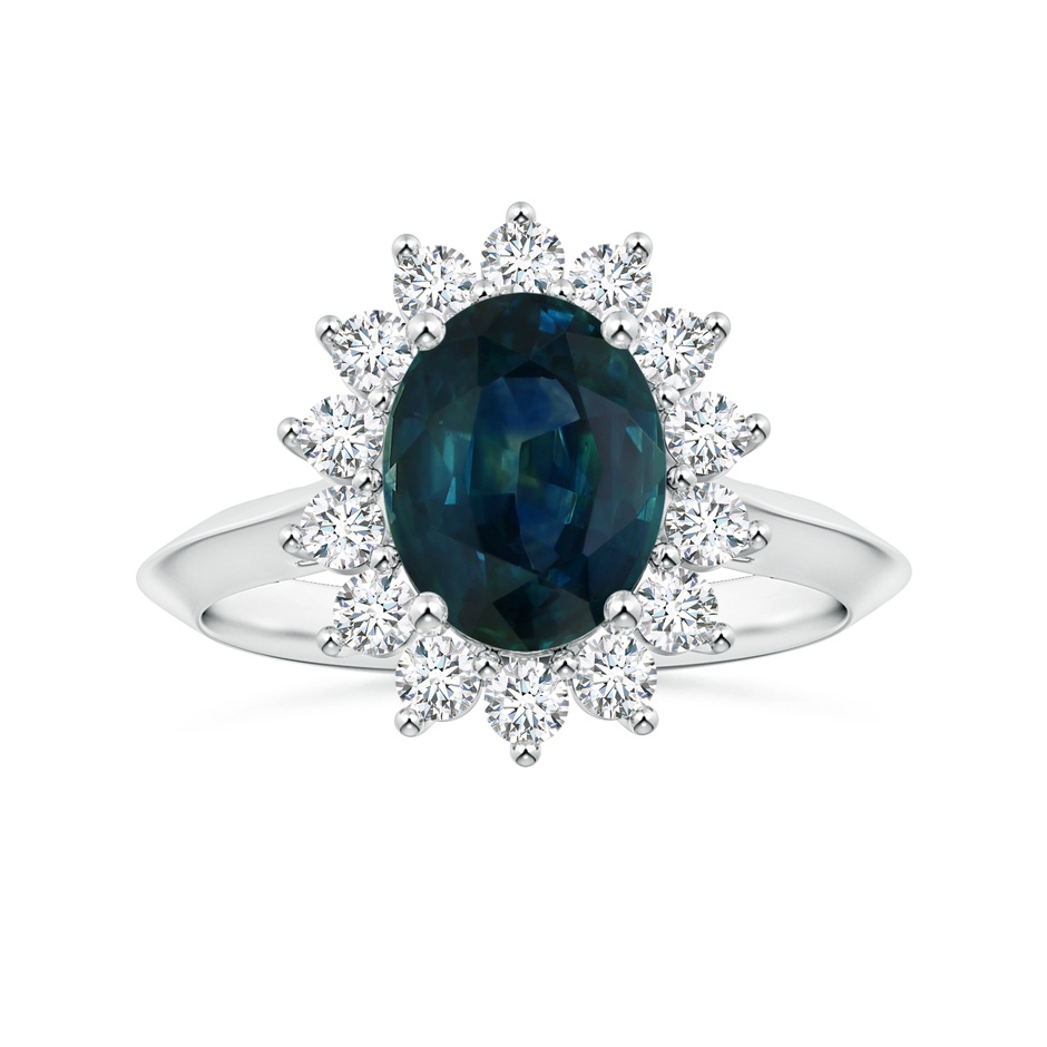 8.92x7.07x6.66mm AAA Princess Diana Inspired Oval Teal Sapphire Knife-Edge Shank Ring with Halo in 18K White Gold 