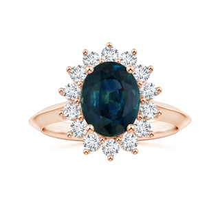 8.92x7.07x6.66mm AAA Princess Diana Inspired Oval Teal Sapphire Knife-Edge Shank Ring with Halo in 9K Rose Gold