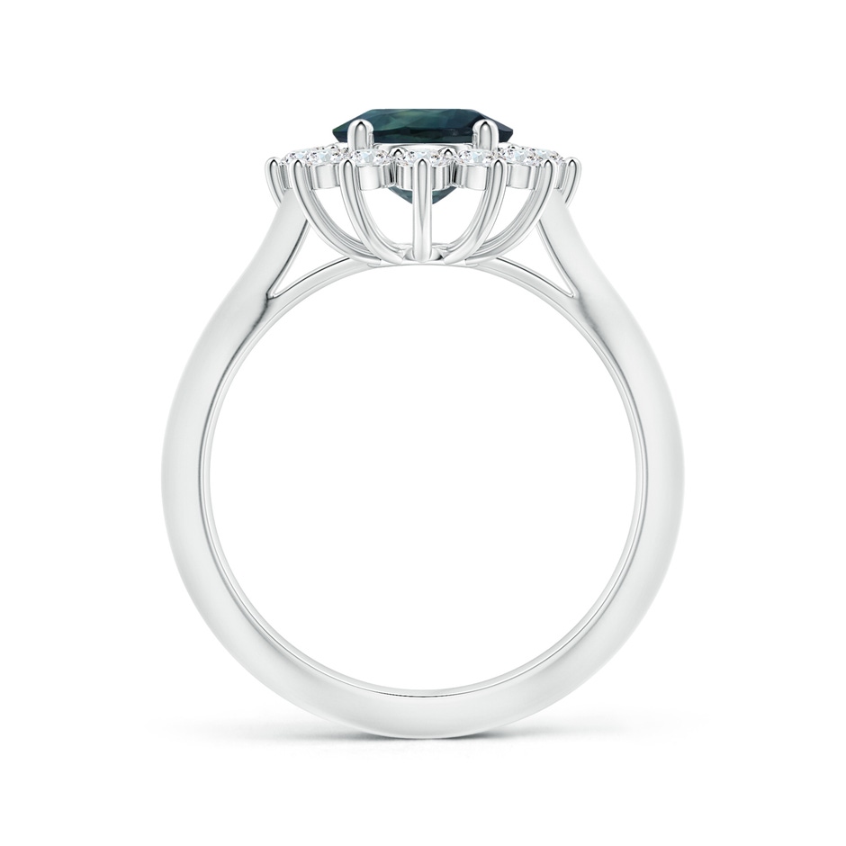 8.92x7.07x6.66mm AAA Princess Diana Inspired Oval Teal Sapphire Knife-Edge Shank Ring with Halo in P950 Platinum side-1