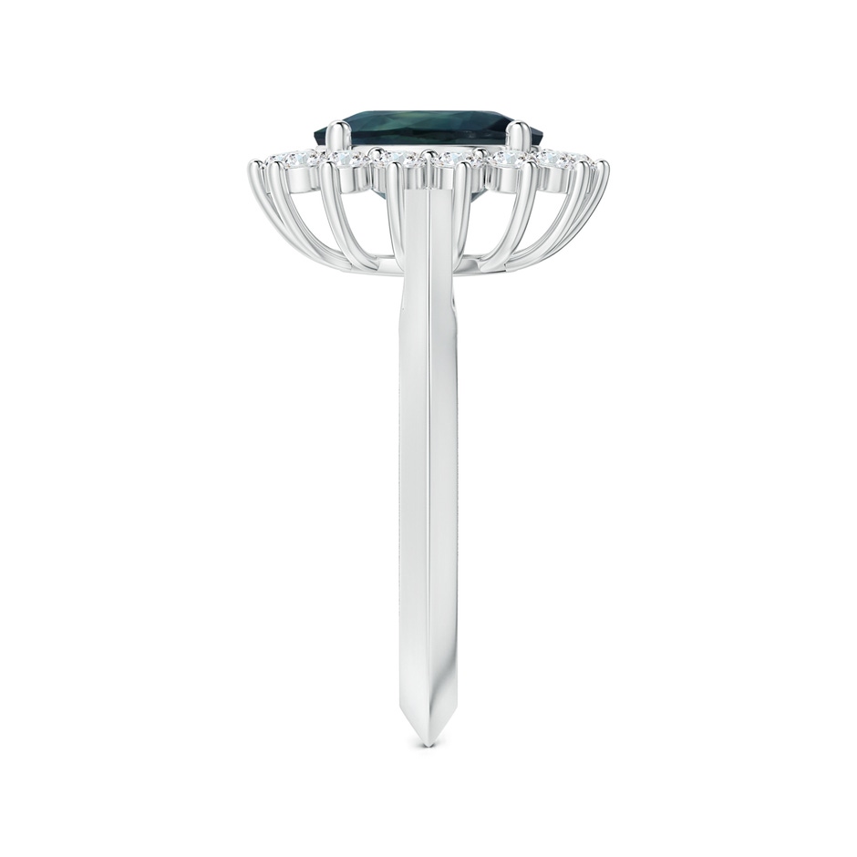 8.92x7.07x6.66mm AAA Princess Diana Inspired Oval Teal Sapphire Knife-Edge Shank Ring with Halo in P950 Platinum side-2