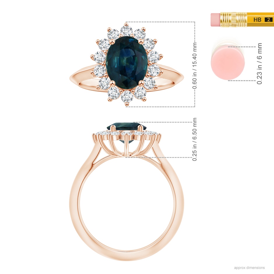 8.92x7.07x6.66mm AAA Princess Diana Inspired Oval Teal Sapphire Knife-Edge Shank Ring with Halo in Rose Gold ruler