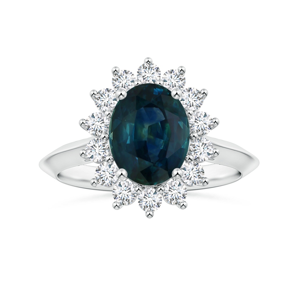 8.92x7.07x6.66mm AAA Princess Diana Inspired Oval Teal Sapphire Knife-Edge Shank Ring with Halo in White Gold