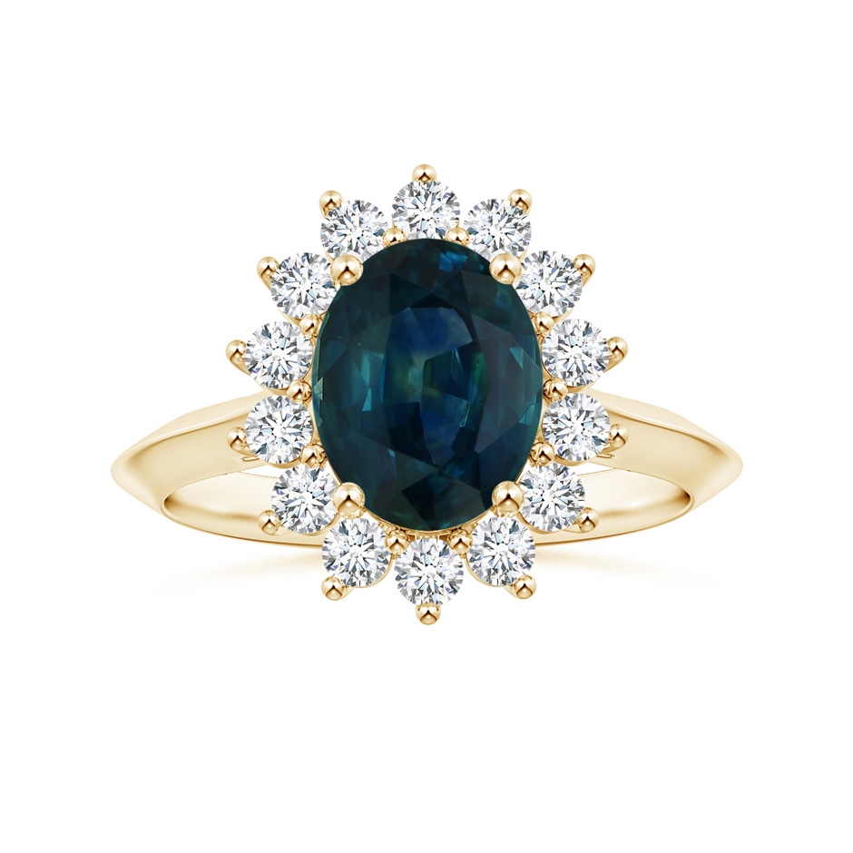 8.92x7.07x6.66mm AAA Princess Diana Inspired Oval Teal Sapphire Knife-Edge Shank Ring with Halo in Yellow Gold 