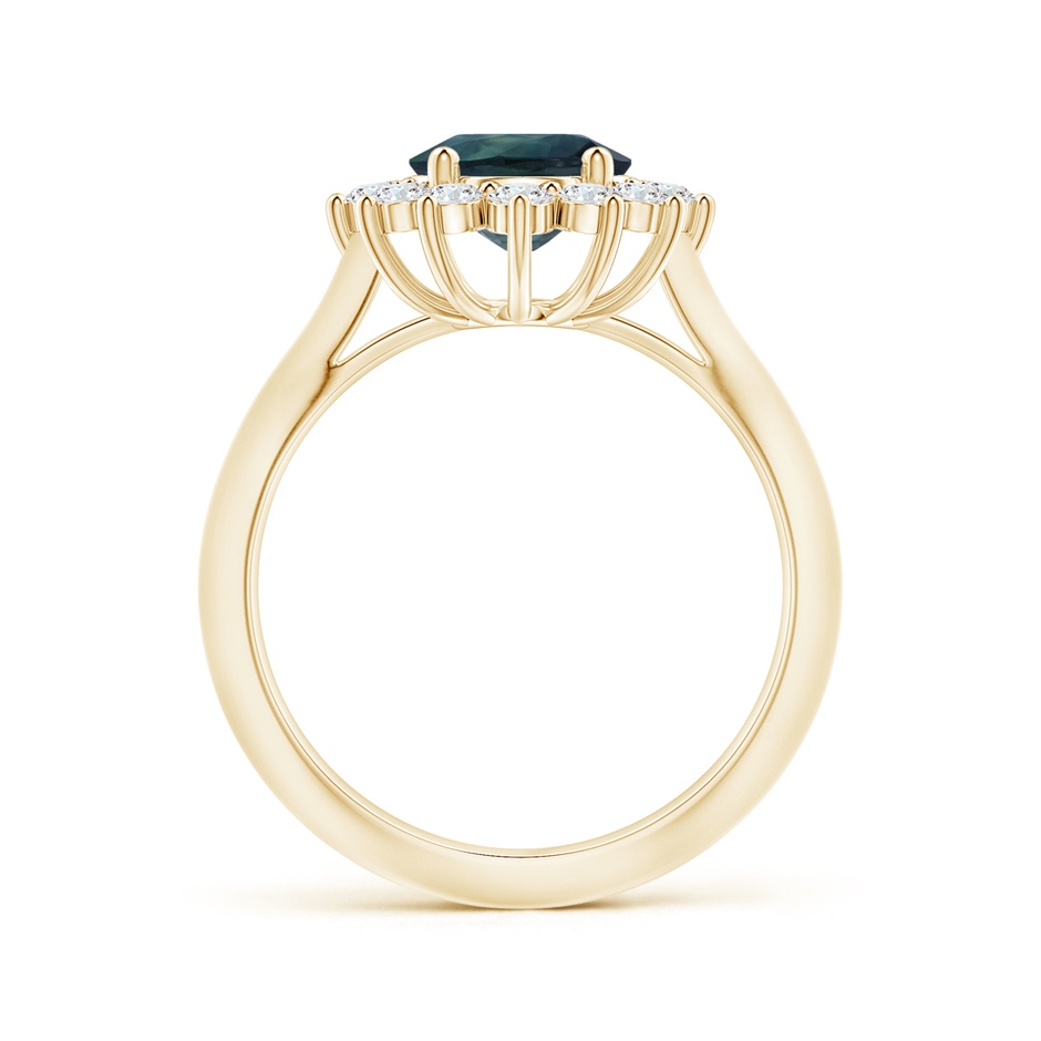 8.92x7.07x6.66mm AAA Princess Diana Inspired Oval Teal Sapphire Knife-Edge Shank Ring with Halo in Yellow Gold side-1