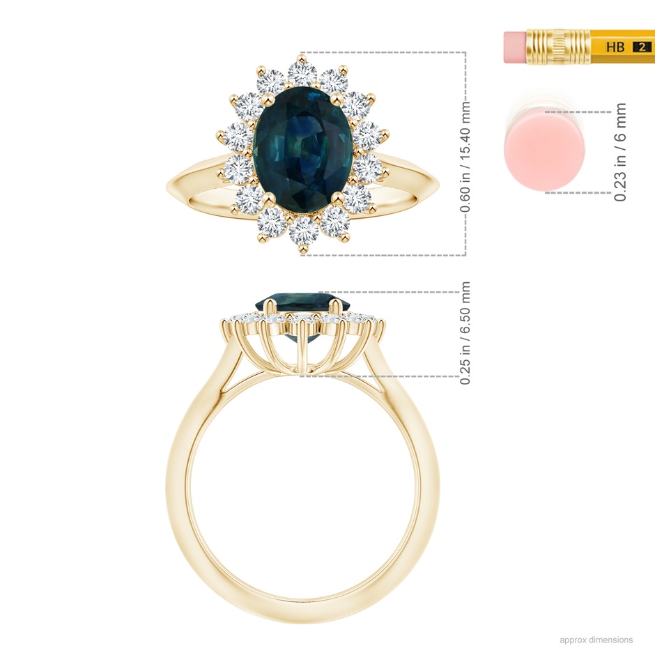 8.92x7.07x6.66mm AAA Princess Diana Inspired Oval Teal Sapphire Knife-Edge Shank Ring with Halo in Yellow Gold ruler