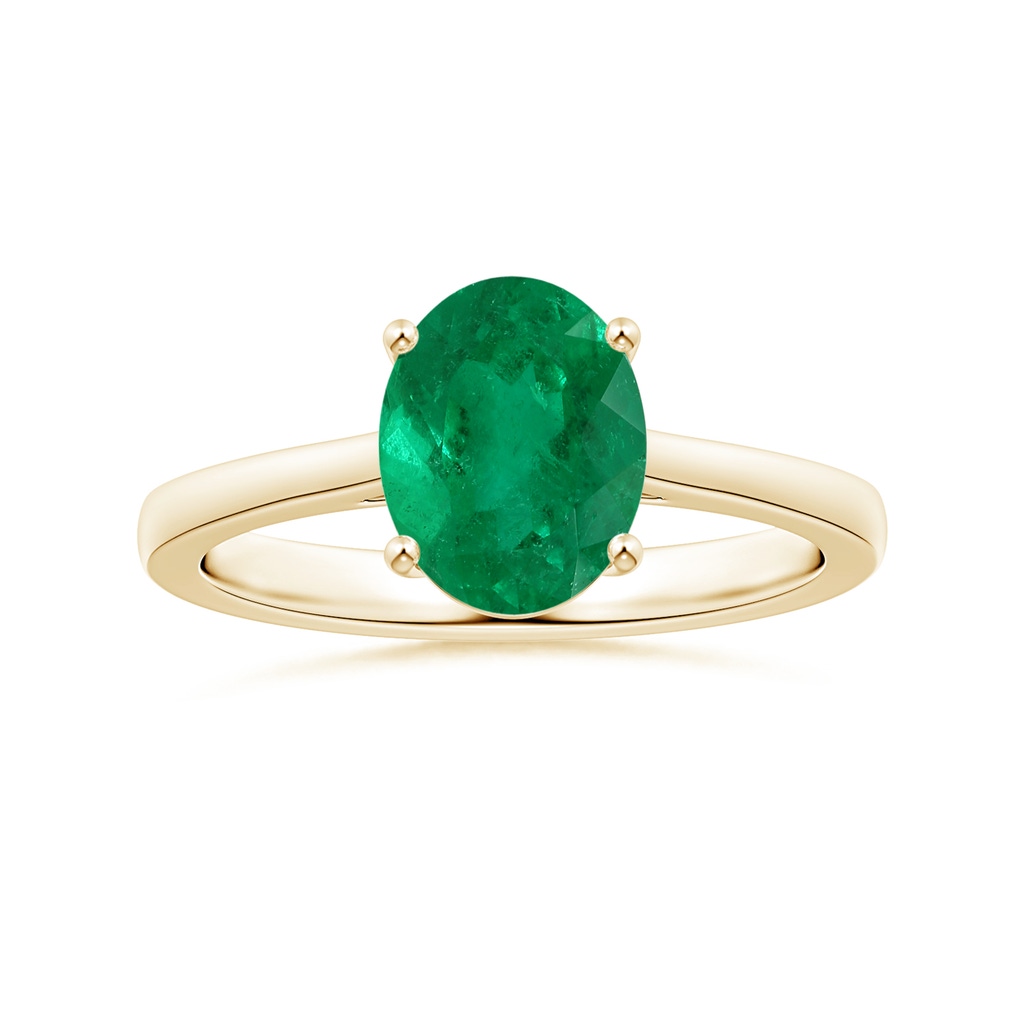9x7.5mm AAA Prong-Set GIA Certified Solitaire Oval Columbian Emerald Reverse Tapered Shank Ring in Yellow Gold