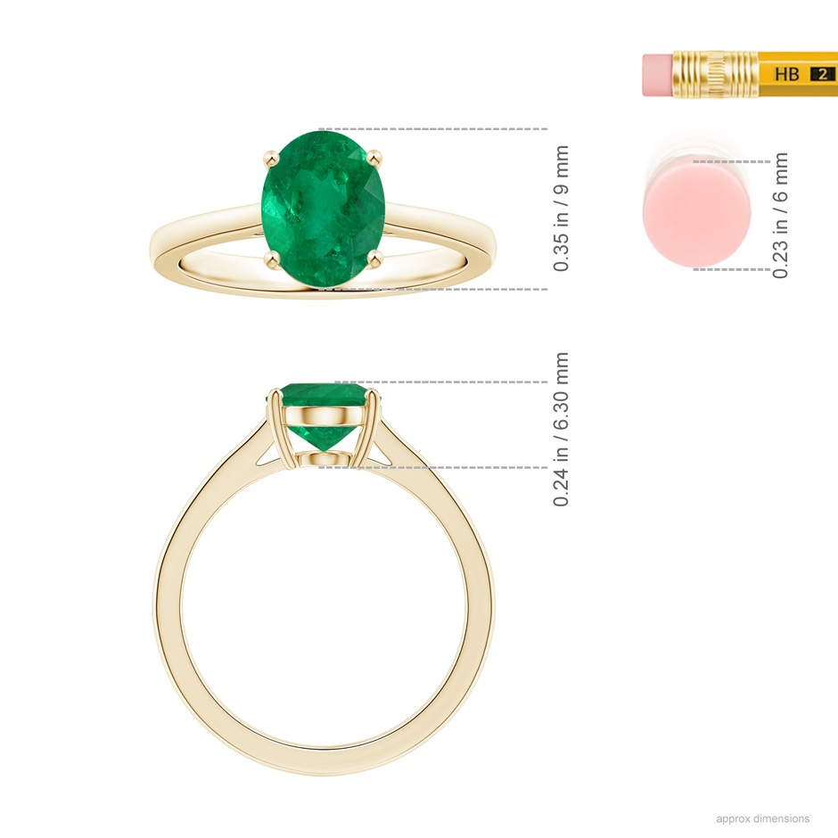 9x7.5mm AAA Prong-Set GIA Certified Solitaire Oval Columbian Emerald Reverse Tapered Shank Ring in Yellow Gold ruler