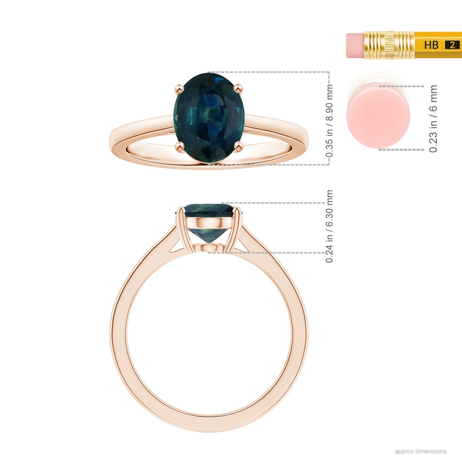 8.92x7.07x6.66mm AAA Prong-Set GIA Certified Oval Teal Sapphire Ring with Reverse Tapered Shank in Rose Gold ruler