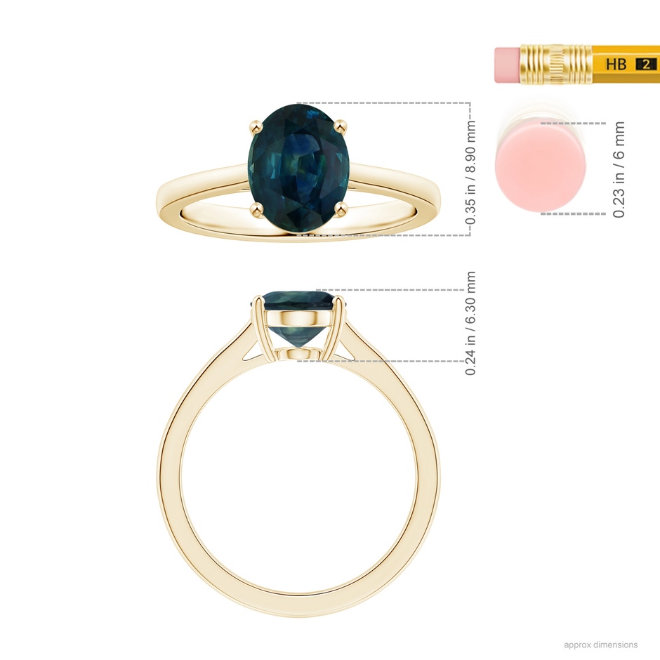 8.92x7.07x6.66mm AAA Prong-Set GIA Certified Oval Teal Sapphire Ring with Reverse Tapered Shank in Yellow Gold ruler