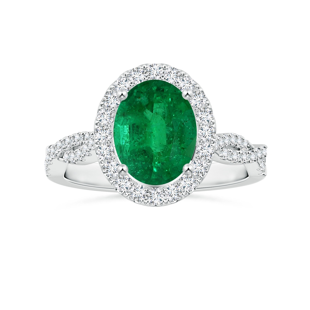 9x7mm AAA GIA Certified Oval Emerald Halo Ring with Twisted Diamond Shank in 18K White Gold 
