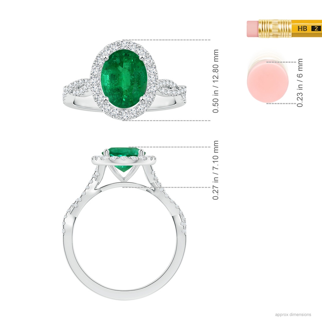 9x7mm AAA GIA Certified Oval Emerald Halo Ring with Twisted Diamond Shank in 18K White Gold Ruler