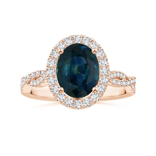 8.92x7.07x6.66mm AAA GIA Certified Oval Teal Sapphire Twisted Diamond Shank Ring with Halo in 10K Rose Gold