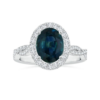8.92x7.07x6.66mm AAA GIA Certified Oval Teal Sapphire Twisted Diamond Shank Ring with Halo in 18K White Gold
