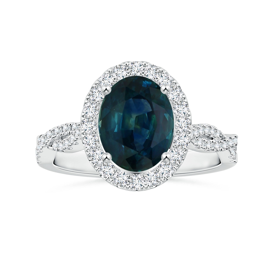 8.92x7.07x6.66mm AAA GIA Certified Oval Teal Sapphire Twisted Diamond Shank Ring with Halo in 18K White Gold 