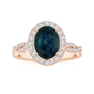 8.92x7.07x6.66mm AAA GIA Certified Oval Teal Sapphire Twisted Diamond Shank Ring with Halo in 9K Rose Gold