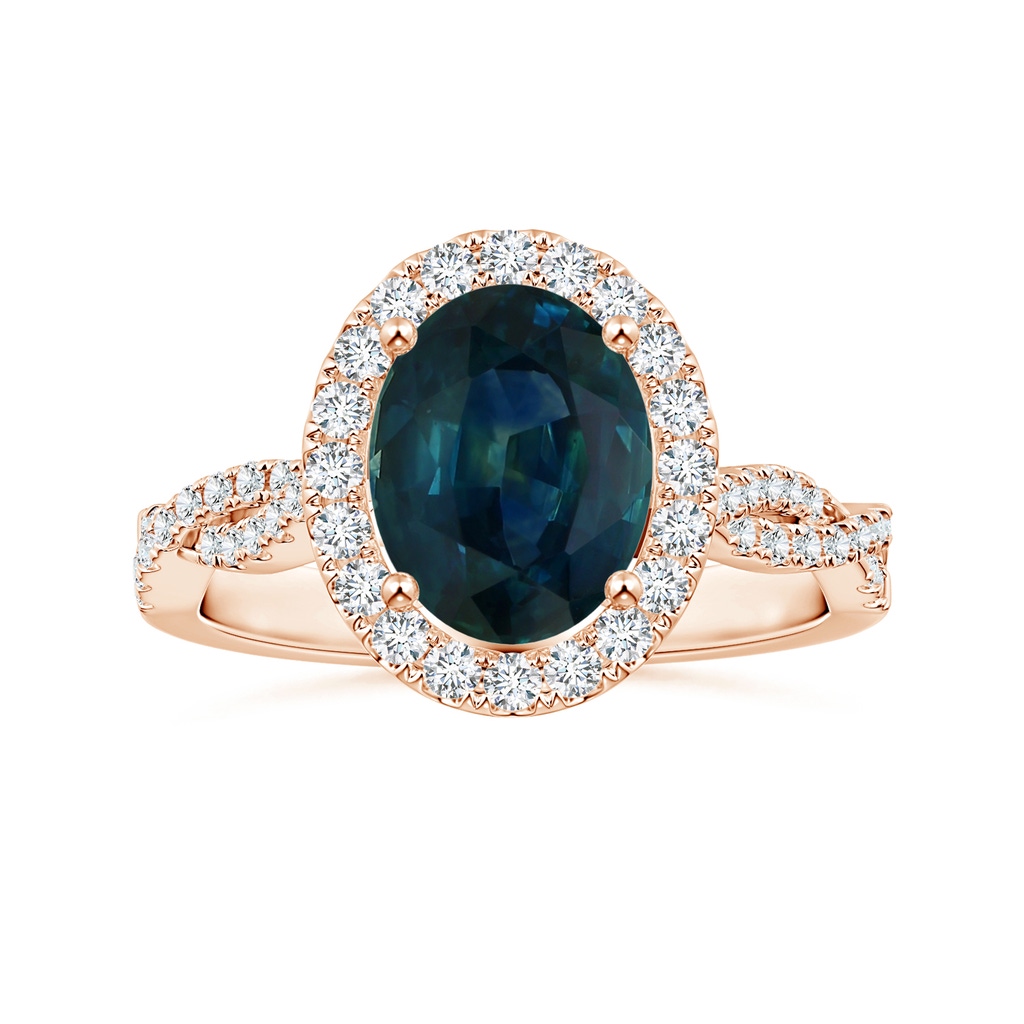 8.92x7.07x6.66mm AAA GIA Certified Oval Teal Sapphire Twisted Diamond Shank Ring with Halo in Rose Gold