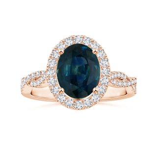 8.92x7.07x6.66mm AAA GIA Certified Oval Teal Sapphire Twisted Diamond Shank Ring with Halo in Rose Gold