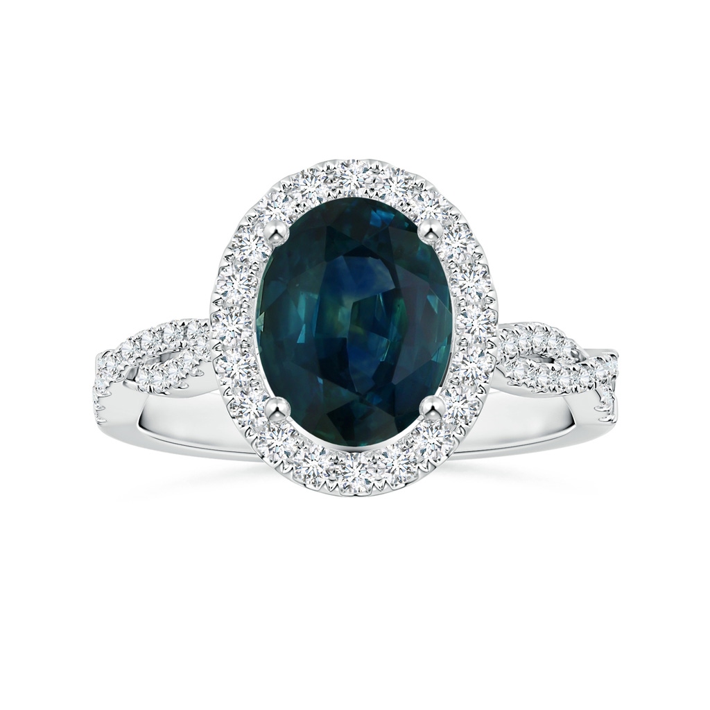 8.92x7.07x6.66mm AAA GIA Certified Oval Teal Sapphire Twisted Diamond Shank Ring with Halo in White Gold