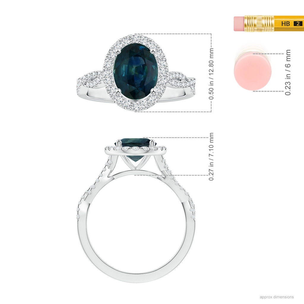 8.92x7.07x6.66mm AAA GIA Certified Oval Teal Sapphire Twisted Diamond Shank Ring with Halo in White Gold Ruler