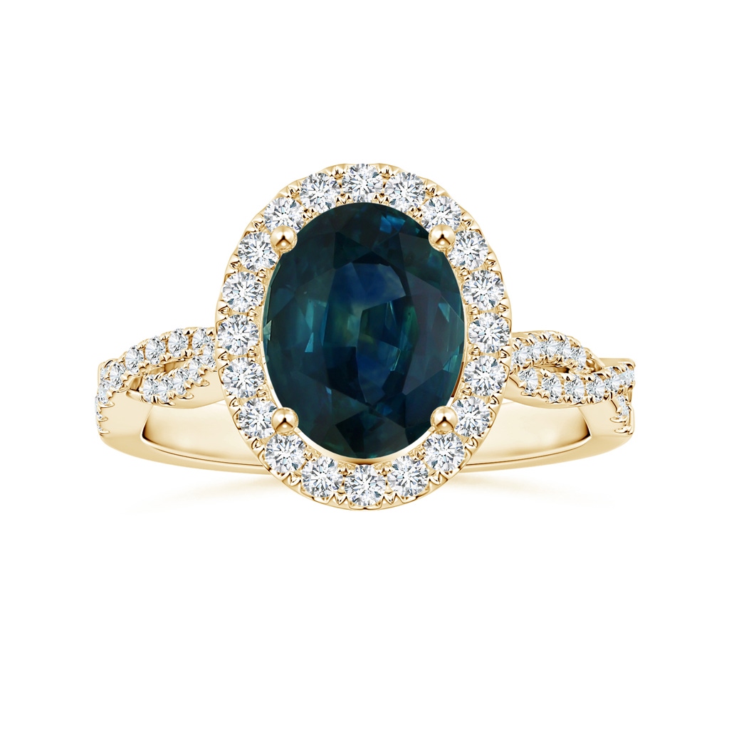 8.92x7.07x6.66mm AAA GIA Certified Oval Teal Sapphire Twisted Diamond Shank Ring with Halo in Yellow Gold